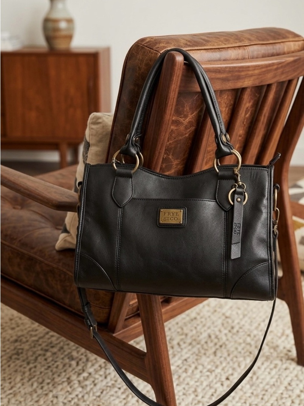 FRYE AND CO. Black Leather Shoulder Tote with Gold Hardware Plaque